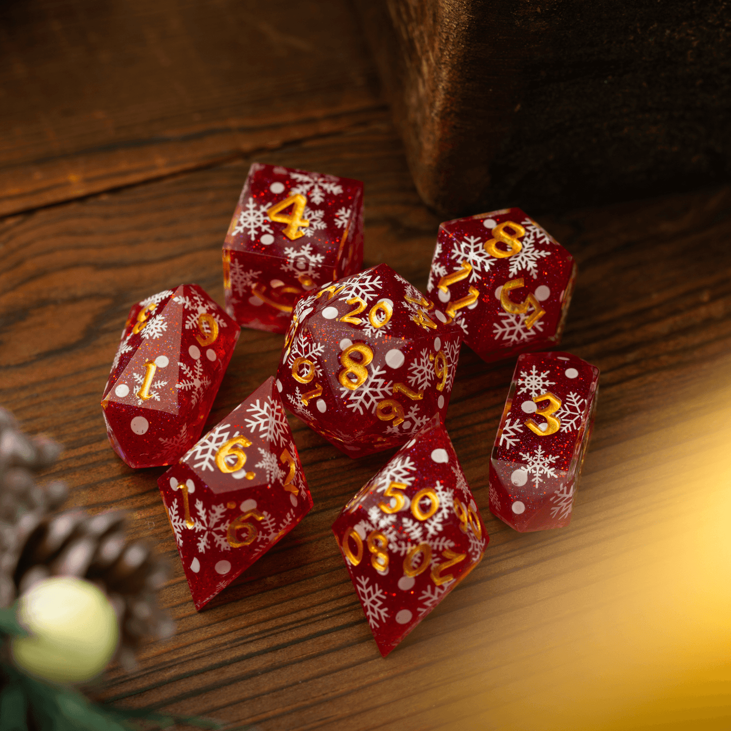 Christmas Red Snowflake Handmade Resin DND Dice Set Runic Dice