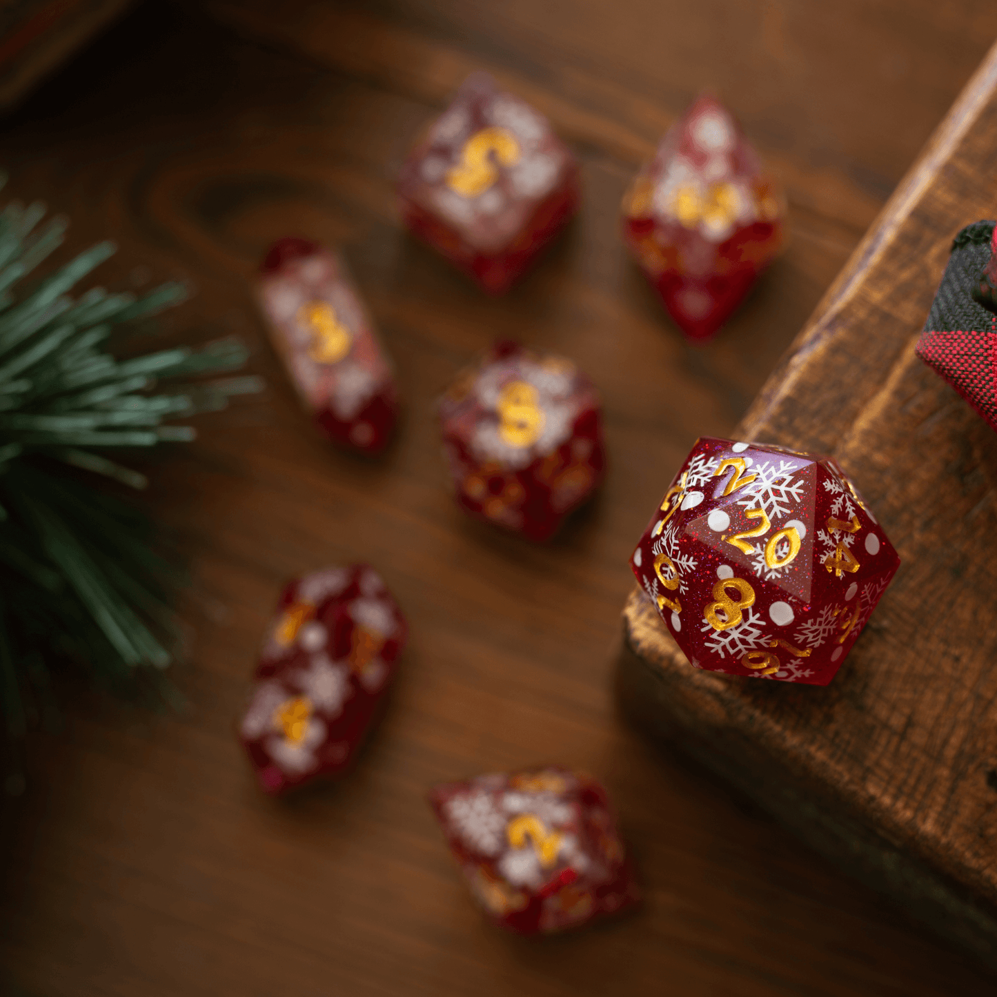 Christmas Red Snowflake Handmade Resin DND Dice Set Runic Dice
