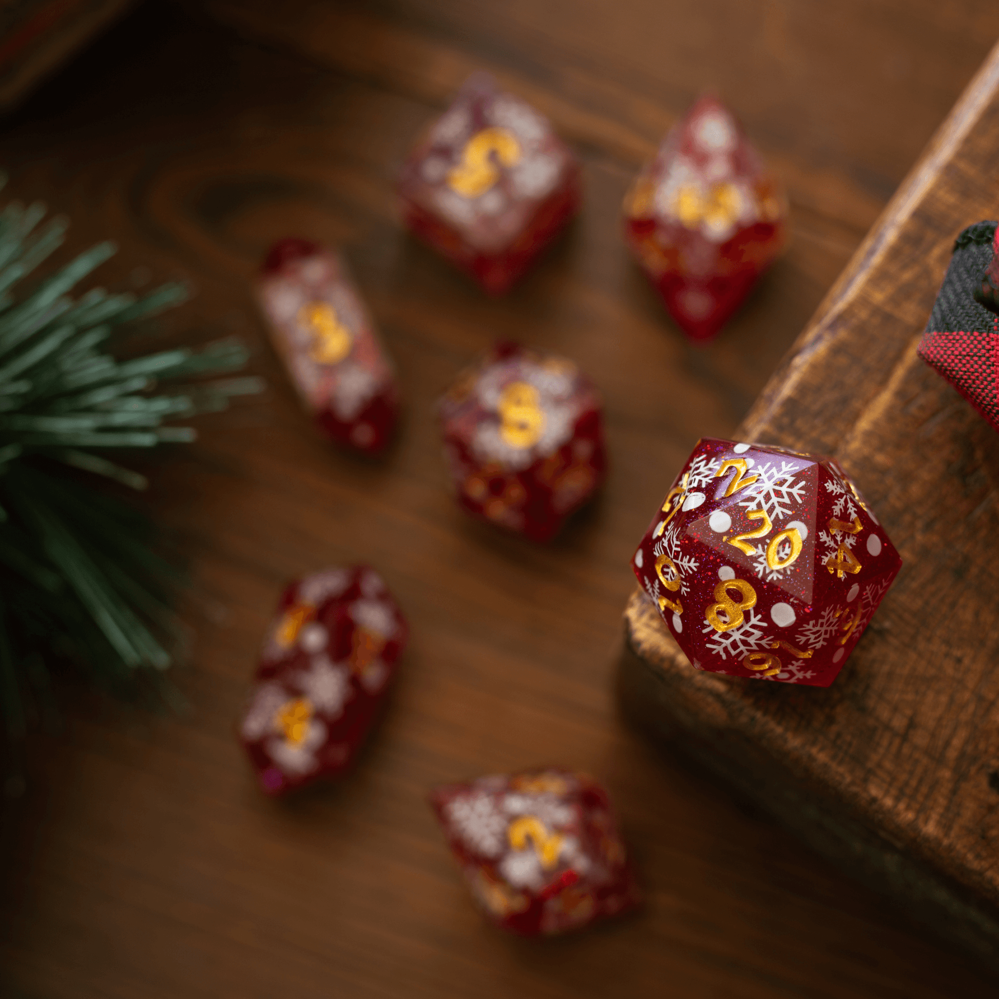 Christmas Red Snowflake Handmade Resin DND Dice Set Runic Dice