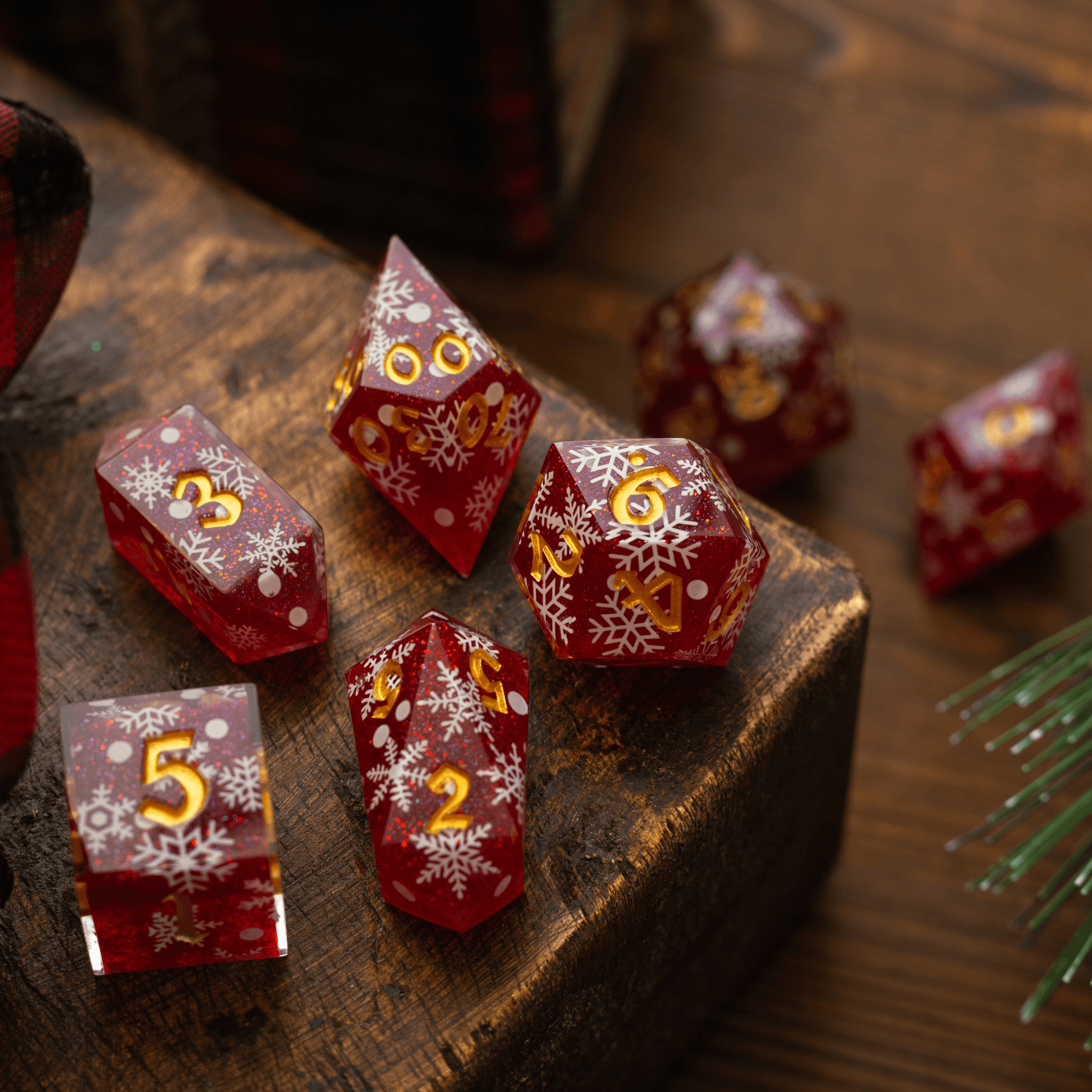 Christmas Red Snowflake Handmade Resin DND Dice Set Runic Dice
