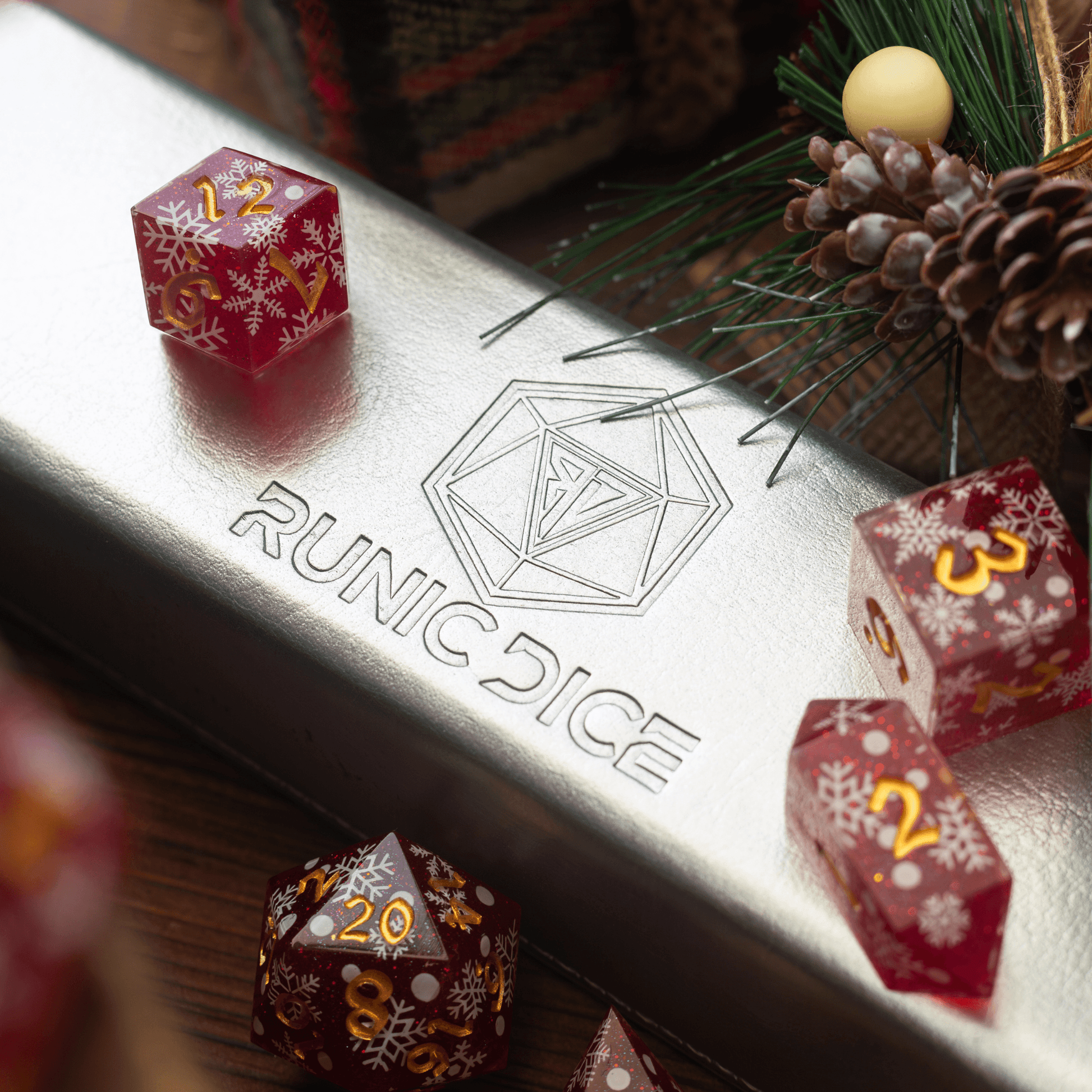 Christmas Red Snowflake Handmade Resin DND Dice Set Runic Dice