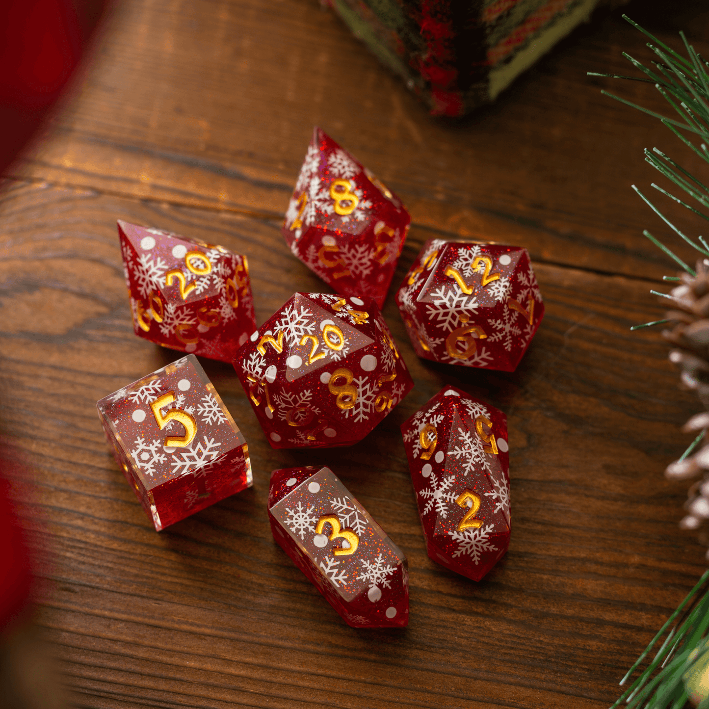 Christmas Red Snowflake Handmade Resin DND Dice Set Runic Dice
