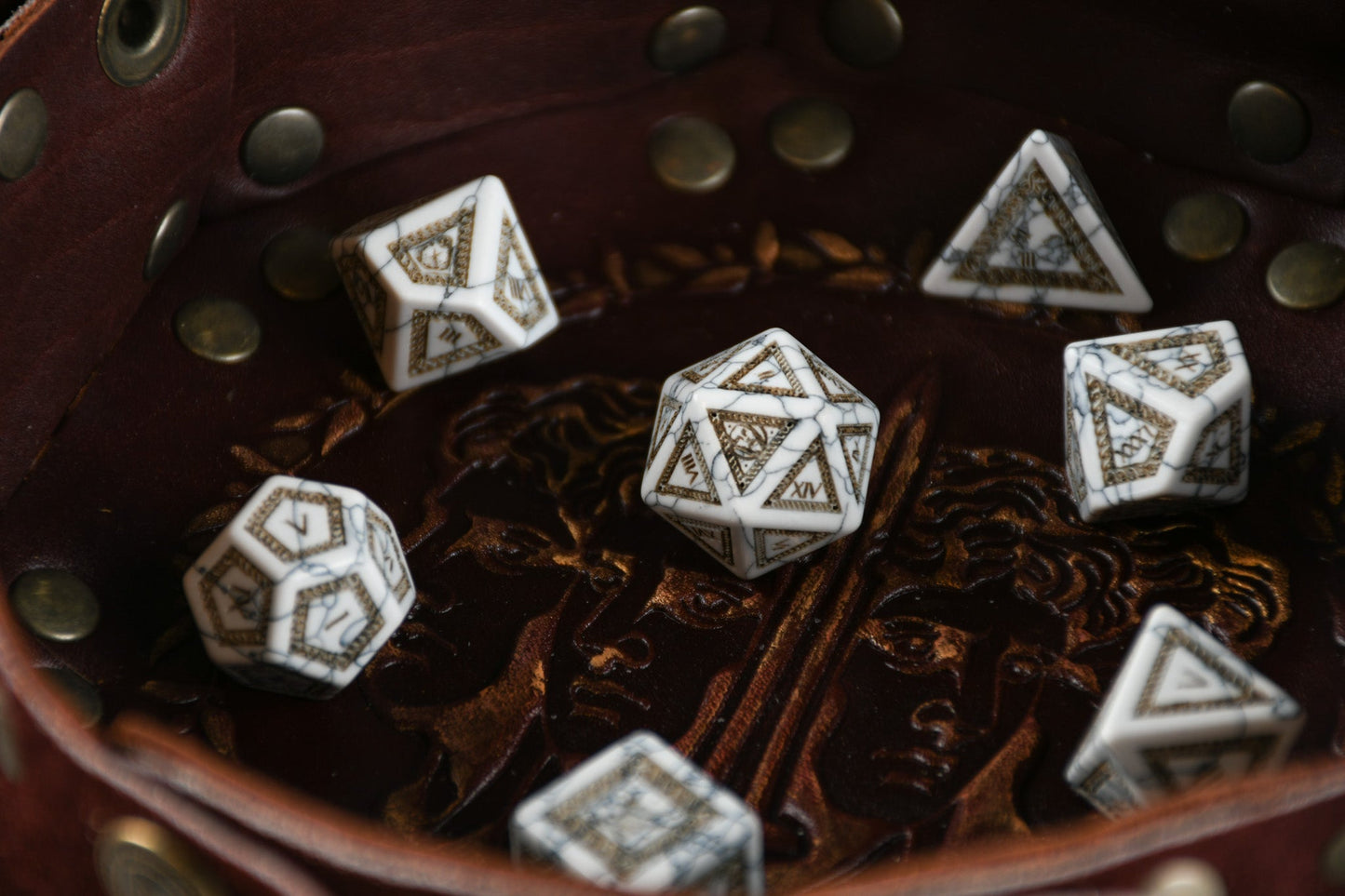 Roman White Howlite Stone Dice Set - Dice Around the World Collection Misty Mountain Gaming