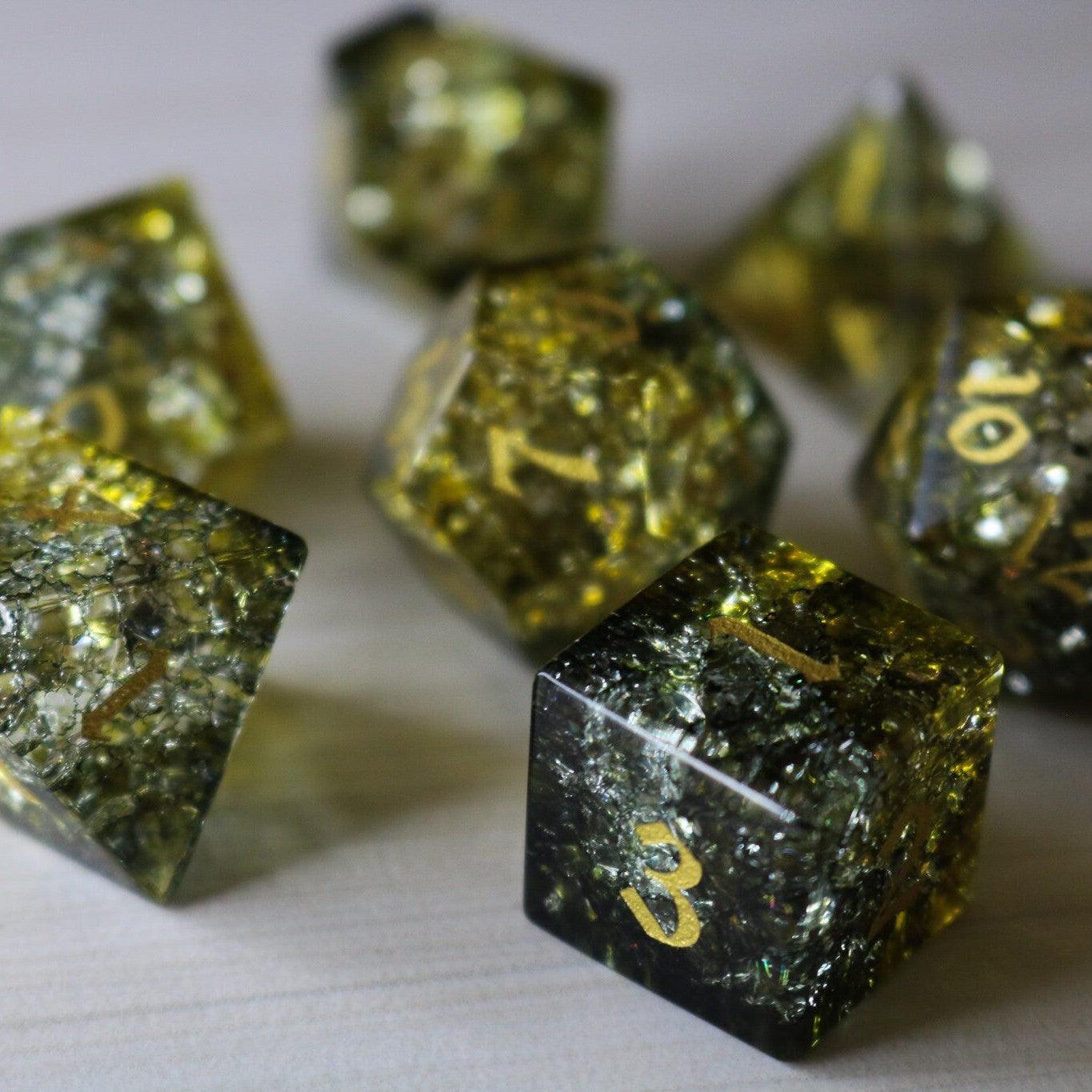 Dark Sun (Green And Yellow) Forge Fire Glass DND Dice Set Runic Dice