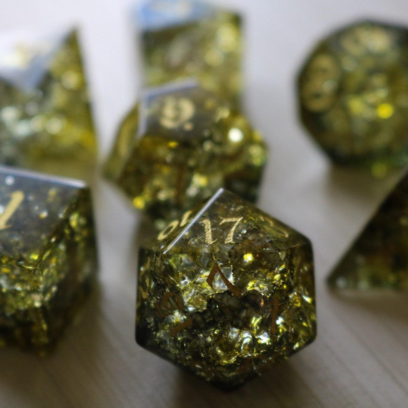 Dark Sun (Green And Yellow) Forge Fire Glass DND Dice Set Runic Dice