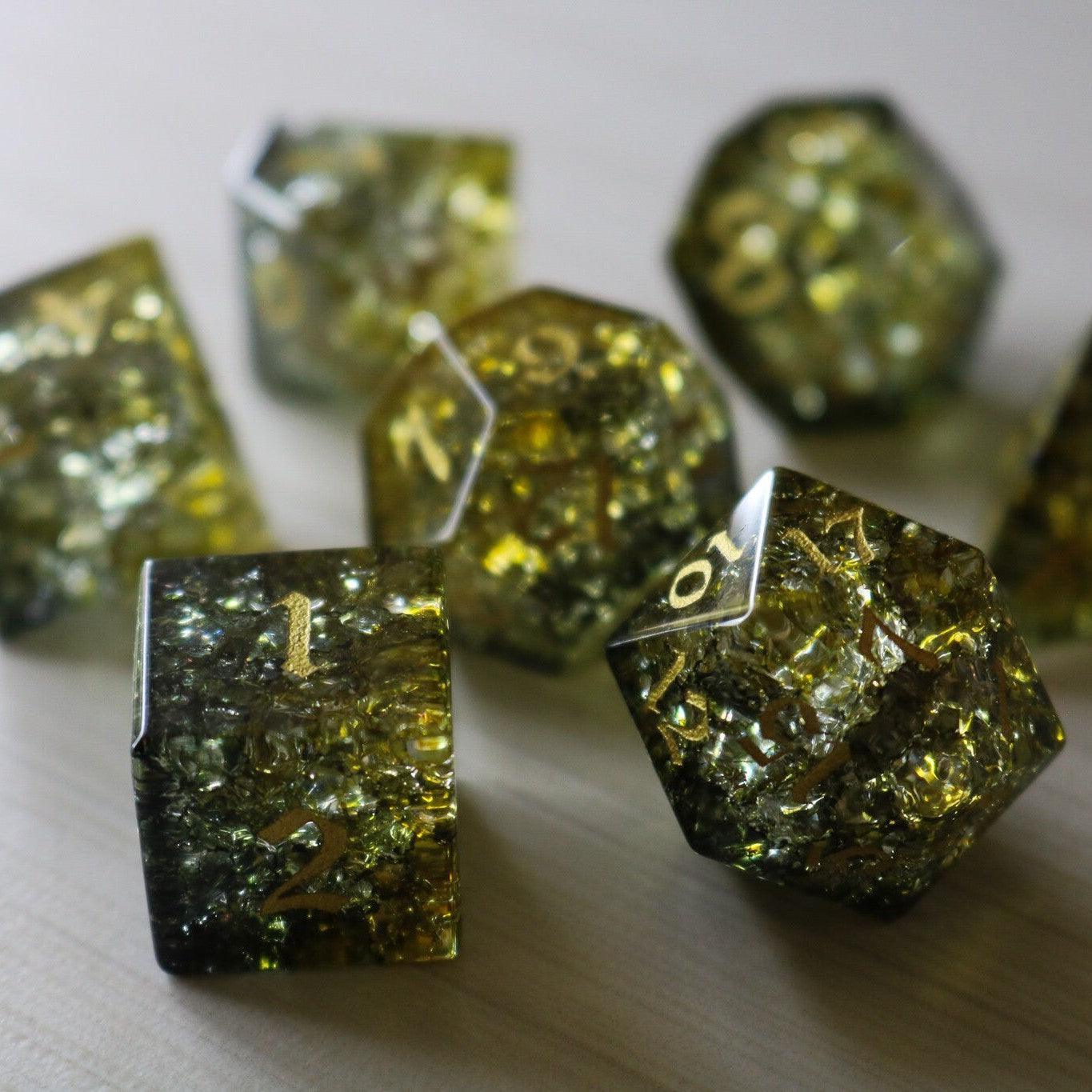 Dark Sun (Green And Yellow) Forge Fire Glass DND Dice Set Runic Dice