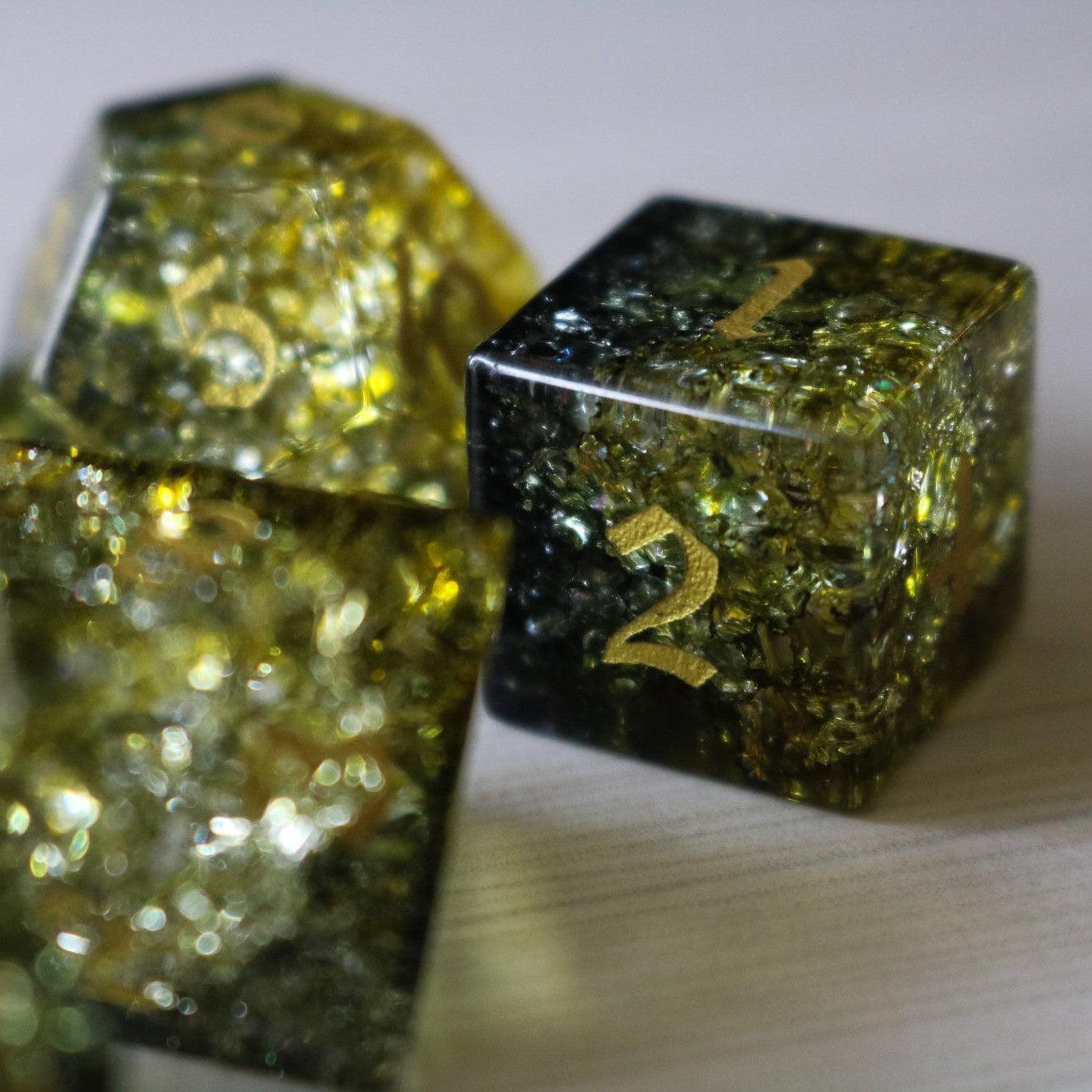 Dark Sun (Green And Yellow) Forge Fire Glass DND Dice Set Runic Dice