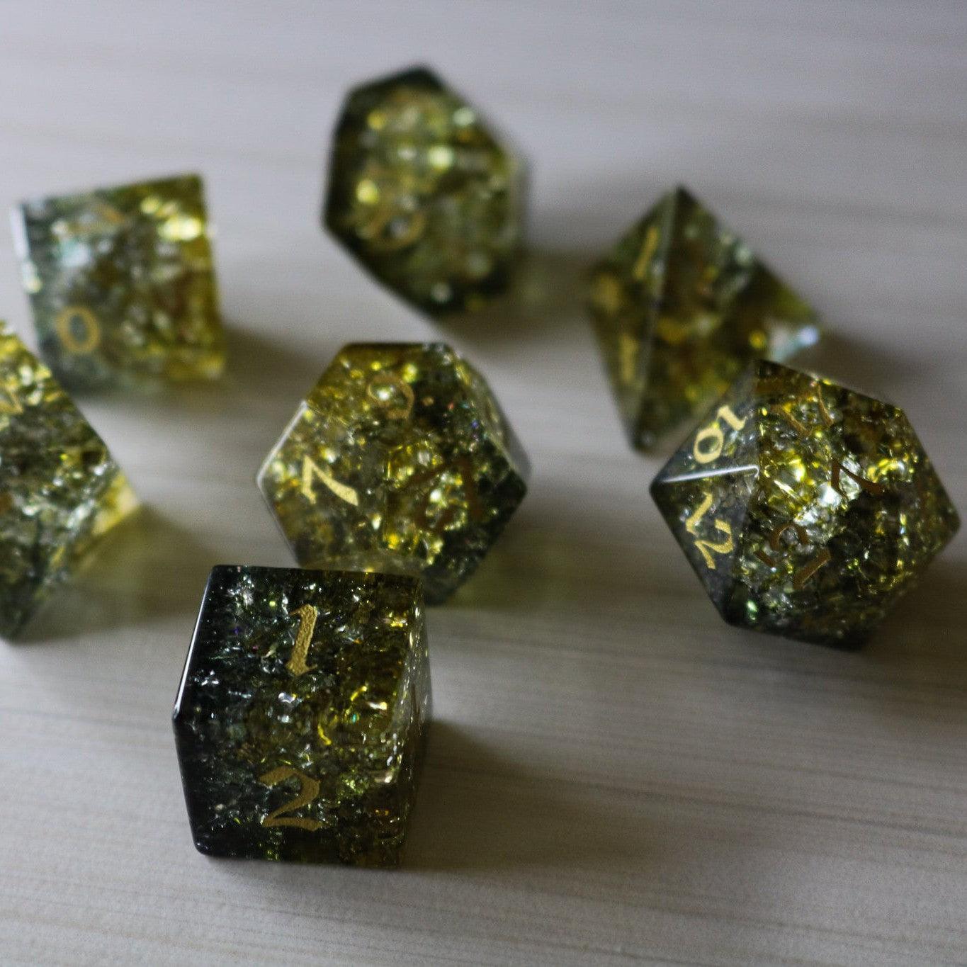 Dark Sun (Green And Yellow) Forge Fire Glass DND Dice Set Runic Dice