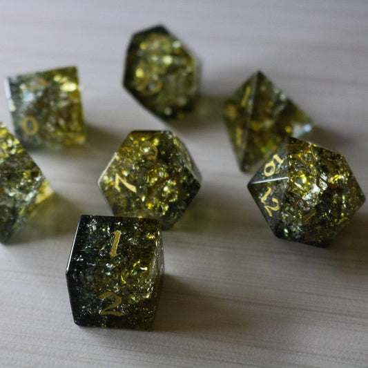 Dark Sun (Green And Yellow) Forge Fire Glass DND Dice Set Runic Dice