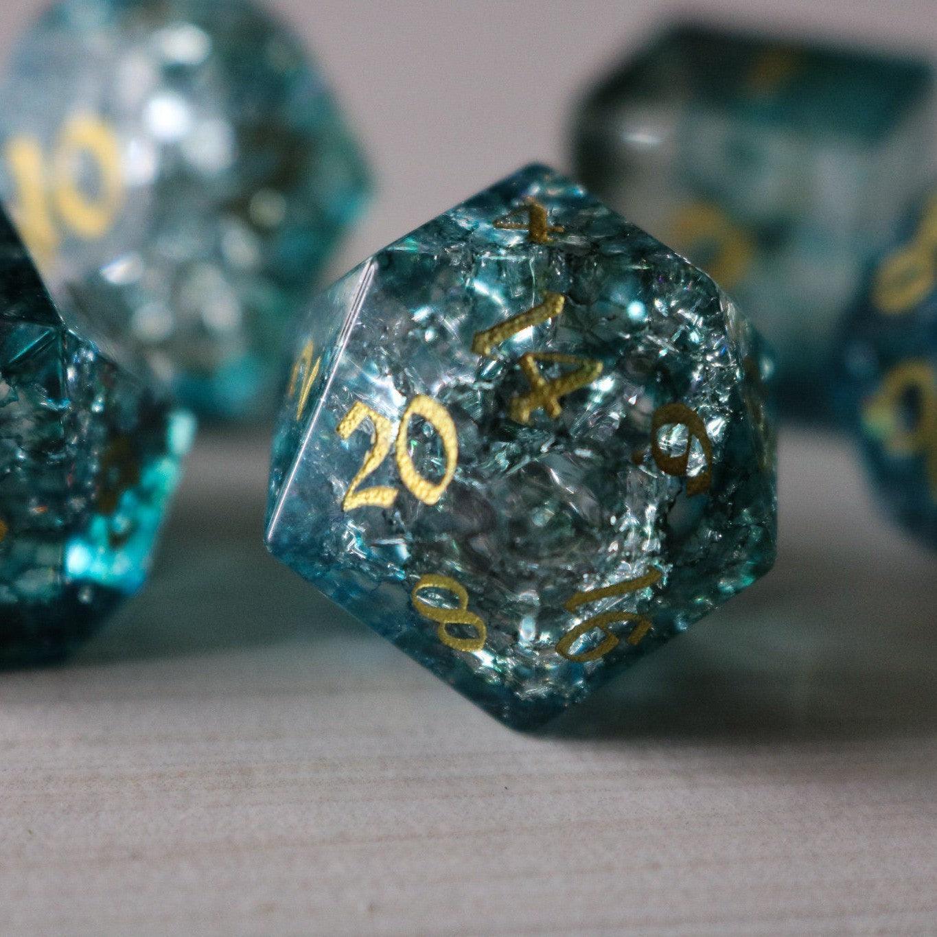 Dark Waters Forge Fire Glass Blue DND Dice Set Runic Dice