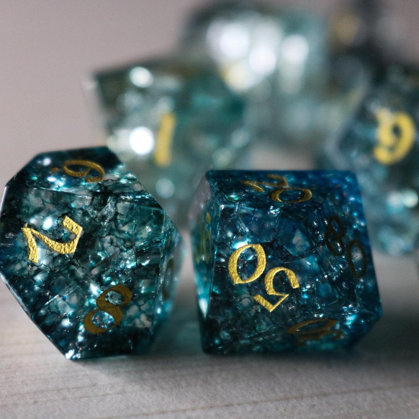 Dark Waters Forge Fire Glass Blue DND Dice Set Runic Dice