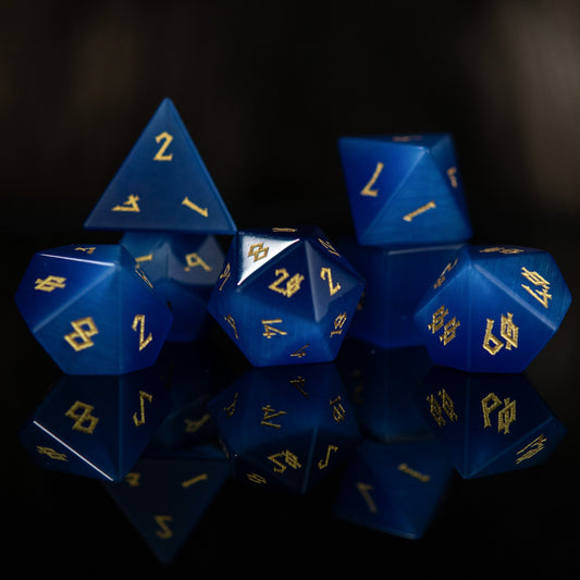 Deep Blue Cat's Eye Stone Dice Set Misty Mountain Gaming