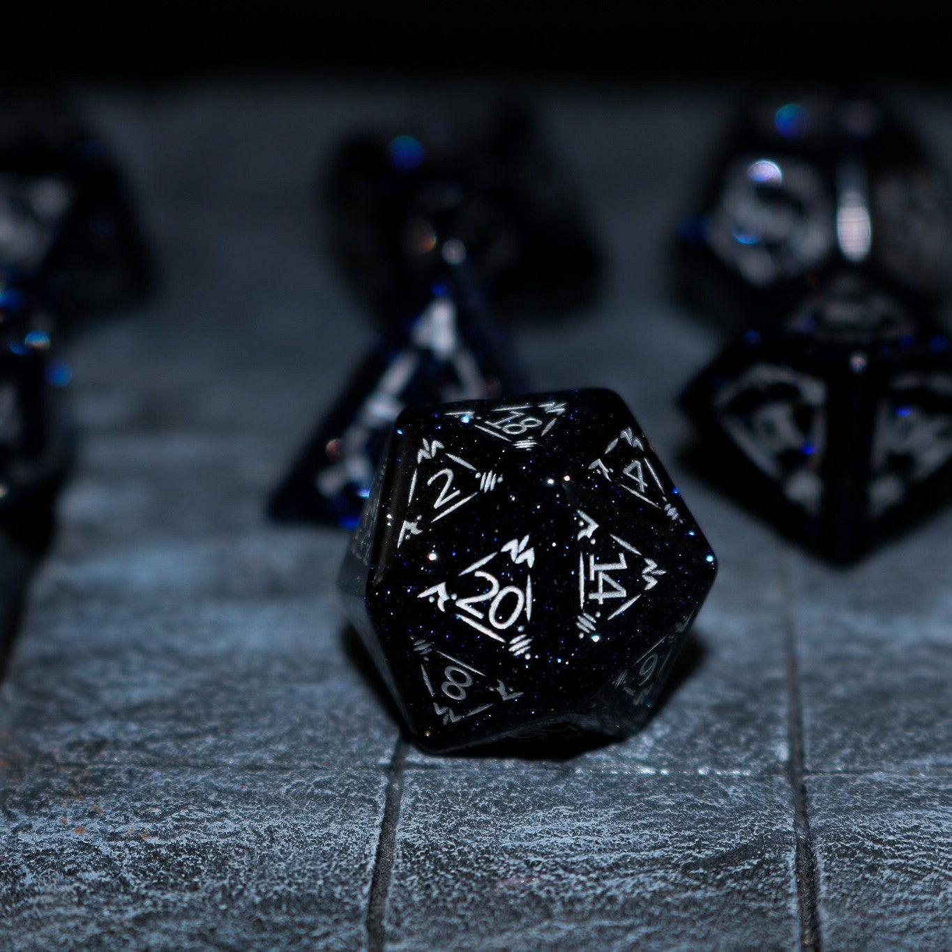 Dragon Shield Blue Sandstone (Silver Font) Gemstone DND Dice Set Runic Dice