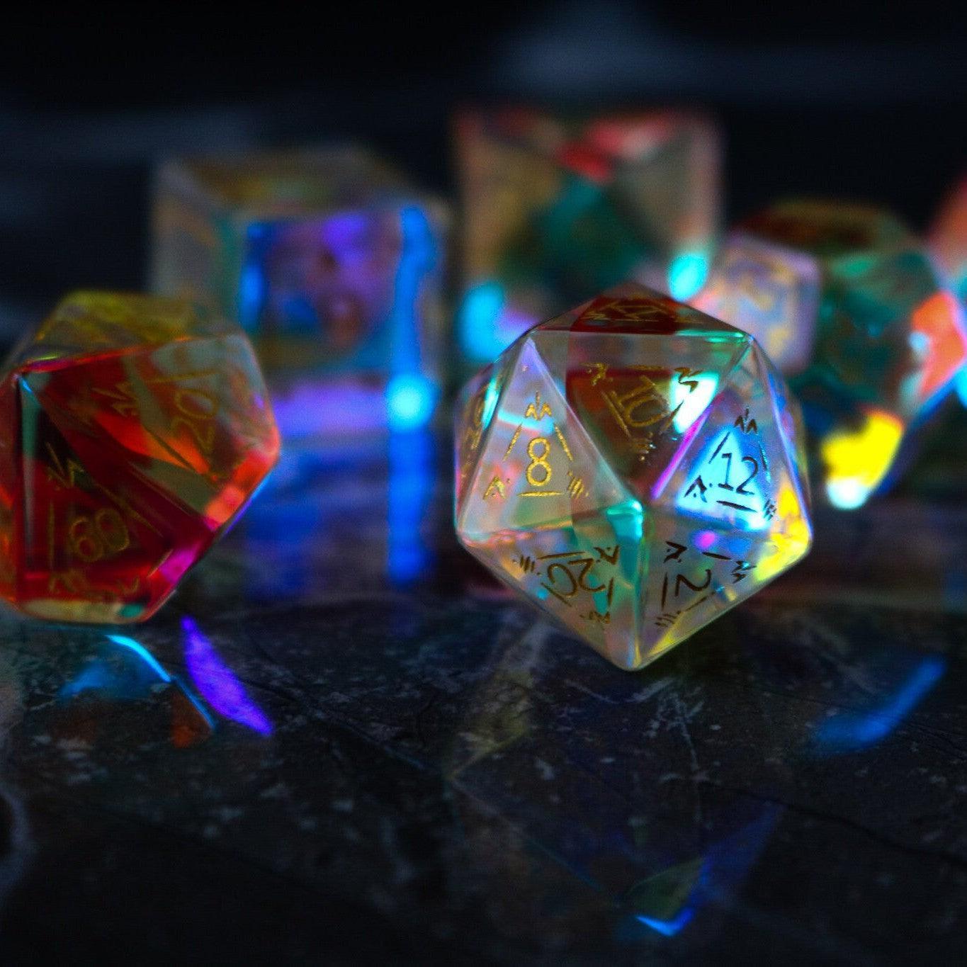 Dragon Shield Gemstone Dichroic Glass DND Dice Set Runic Dice