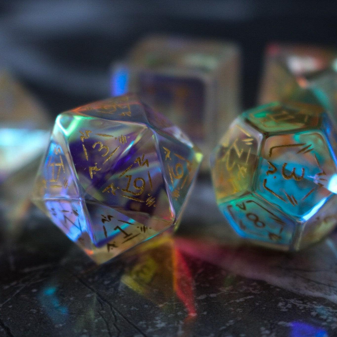 Dragon Shield Gemstone Dichroic Glass DND Dice Set Runic Dice