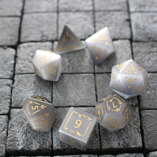 Dragon Shield Gray Cats Eye Gemstone DND Dice Set Runic Dice