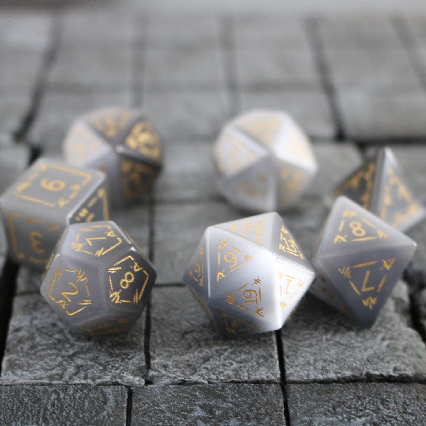 Dragon Shield Gray Cats Eye Gemstone DND Dice Set Runic Dice