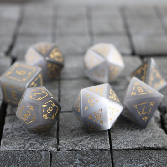 Dragon Shield Gray Cats Eye Gemstone DND Dice Set Runic Dice