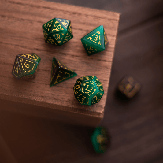 Dragon Shield Green Cats Eye Stone Gemstone DND Dice Set Runic Dice