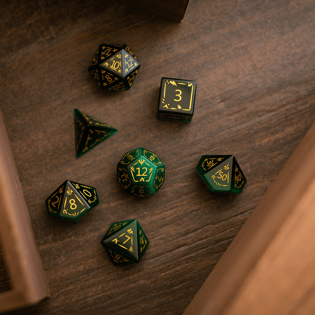 Dragon Shield Green Cats Eye Stone Gemstone DND Dice Set Runic Dice
