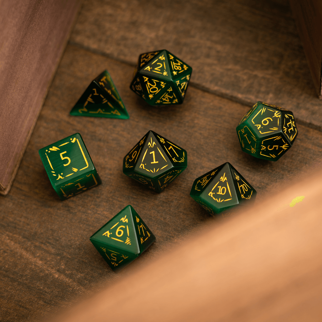 Dragon Shield Green Cats Eye Stone Gemstone DND Dice Set Runic Dice