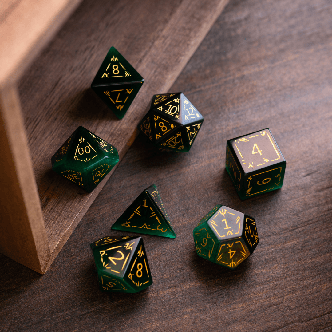 Dragon Shield Green Cats Eye Stone Gemstone DND Dice Set Runic Dice