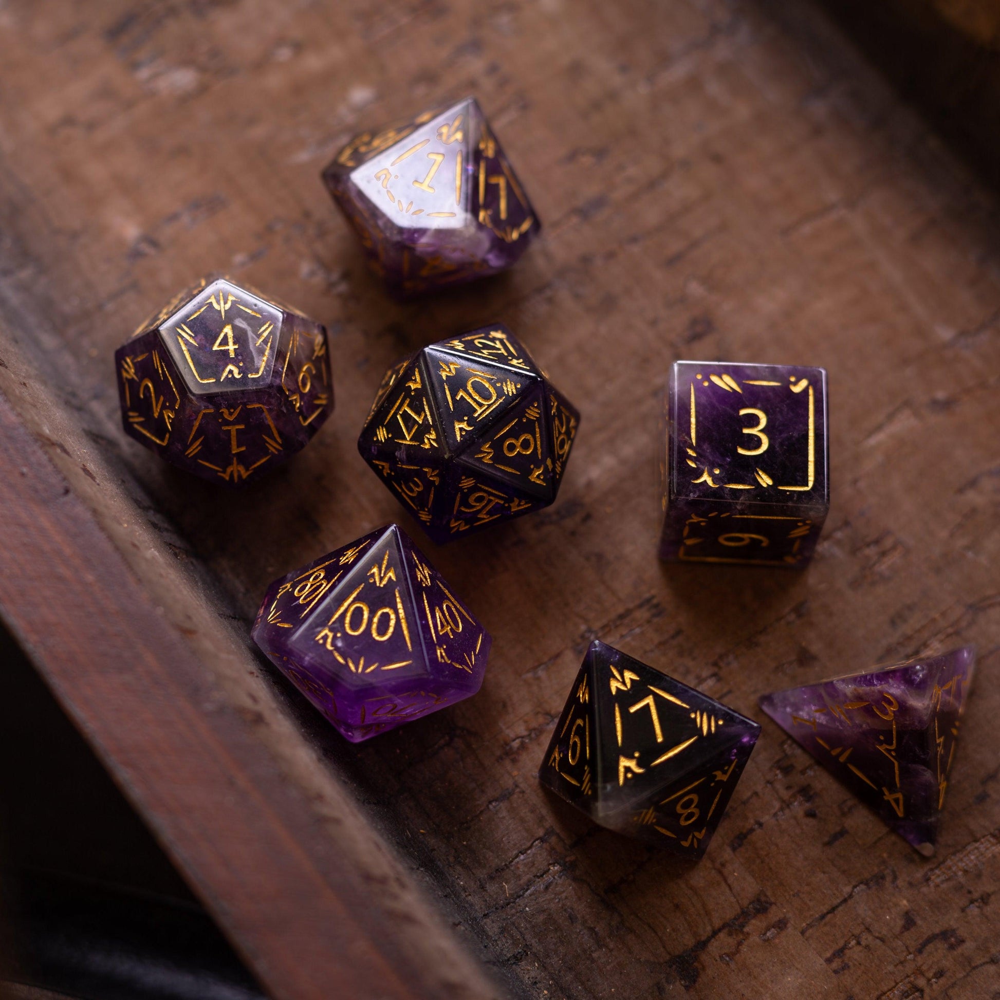 Dragon Shield Purple Amethyst Gemstone DND Dice Set Runic Dice
