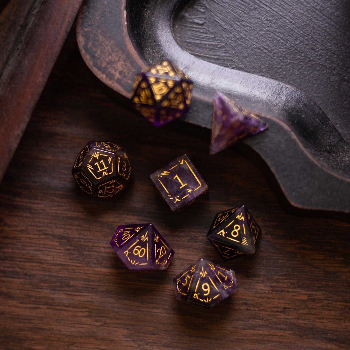 Dragon Shield Purple Amethyst Gemstone DND Dice Set Runic Dice