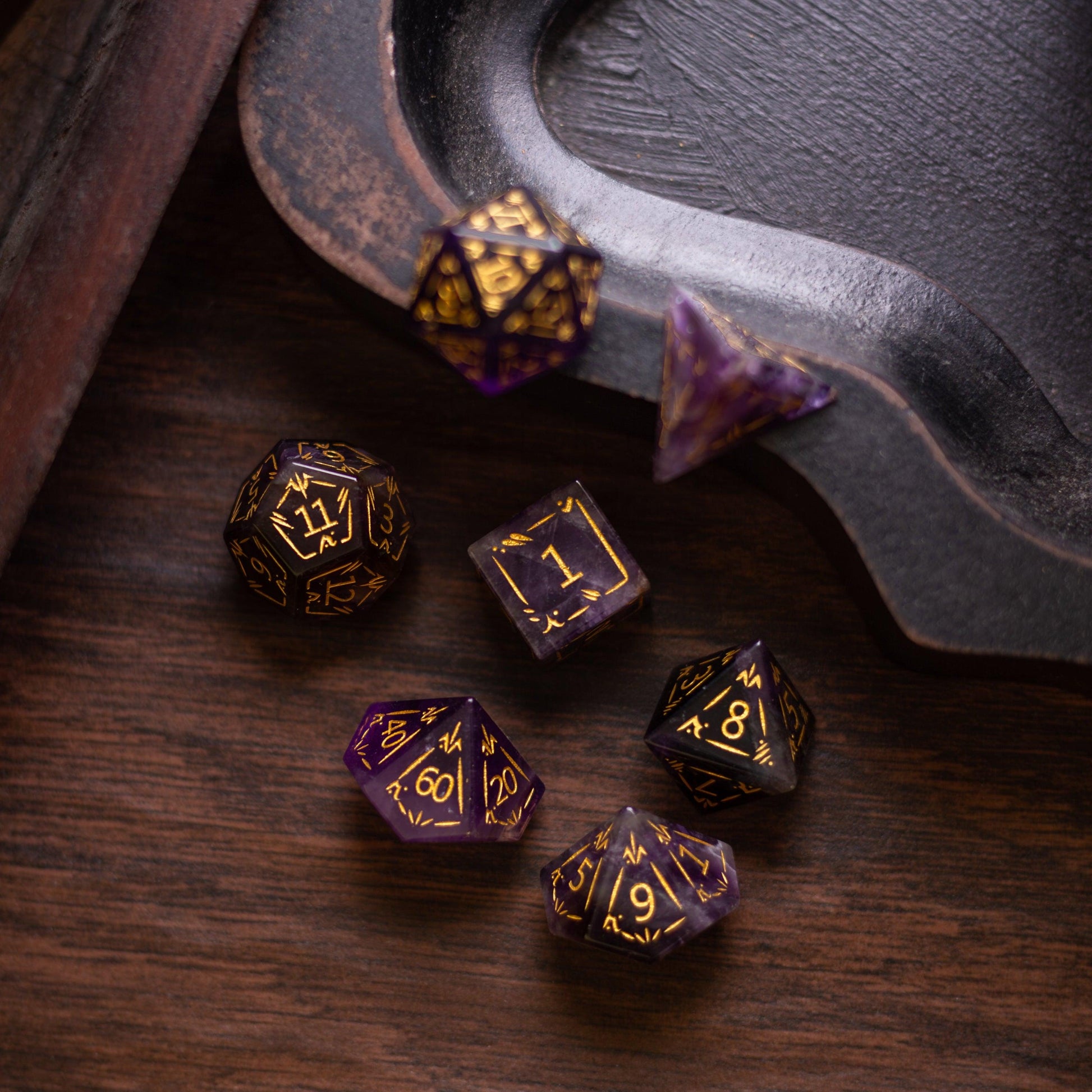 Dragon Shield Purple Amethyst Gemstone DND Dice Set Runic Dice