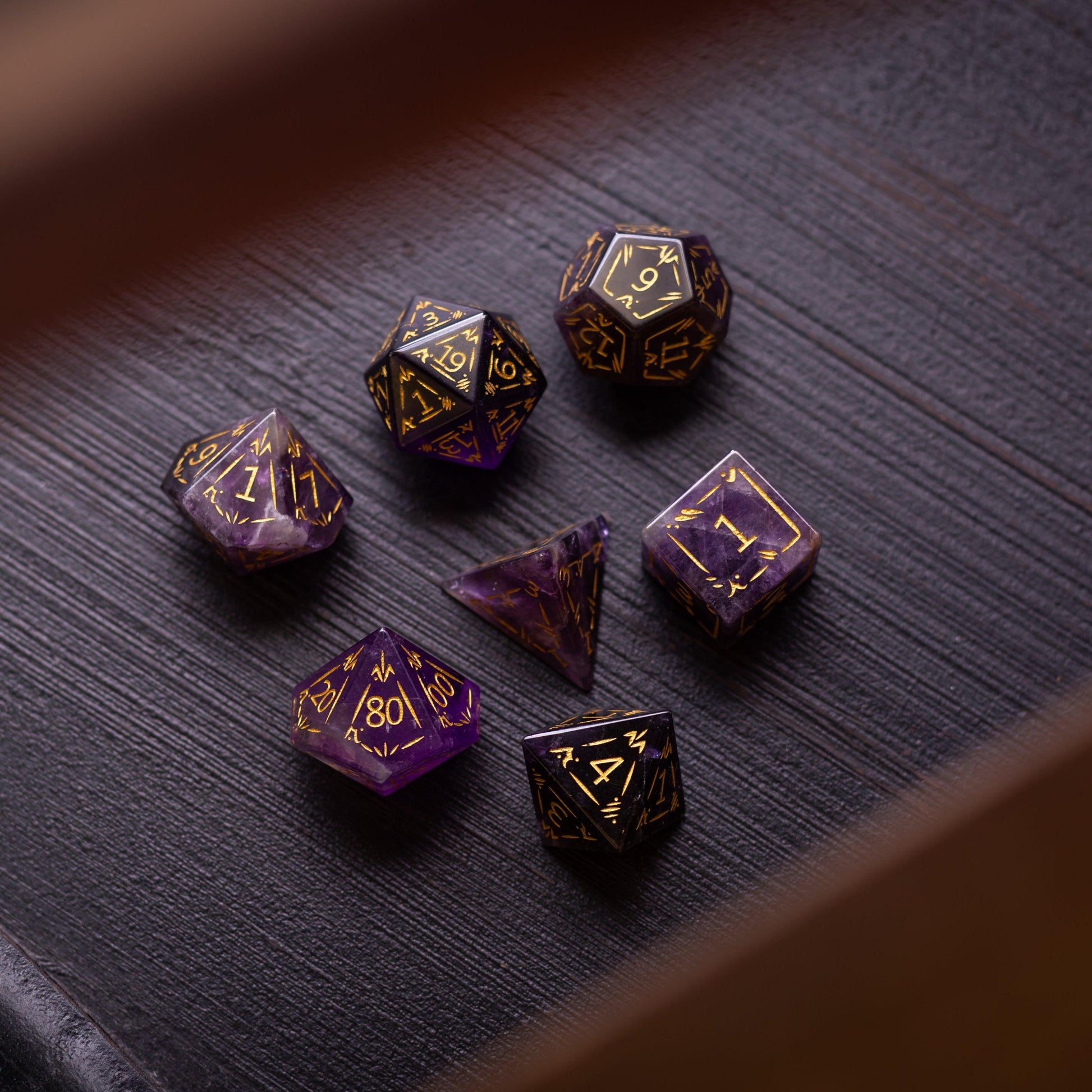 Dragon Shield Purple Amethyst Gemstone DND Dice Set Runic Dice