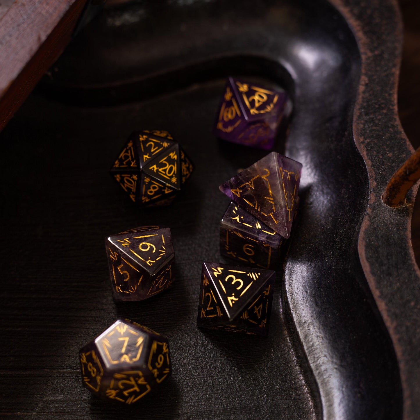 Dragon Shield Purple Amethyst Gemstone DND Dice Set Runic Dice