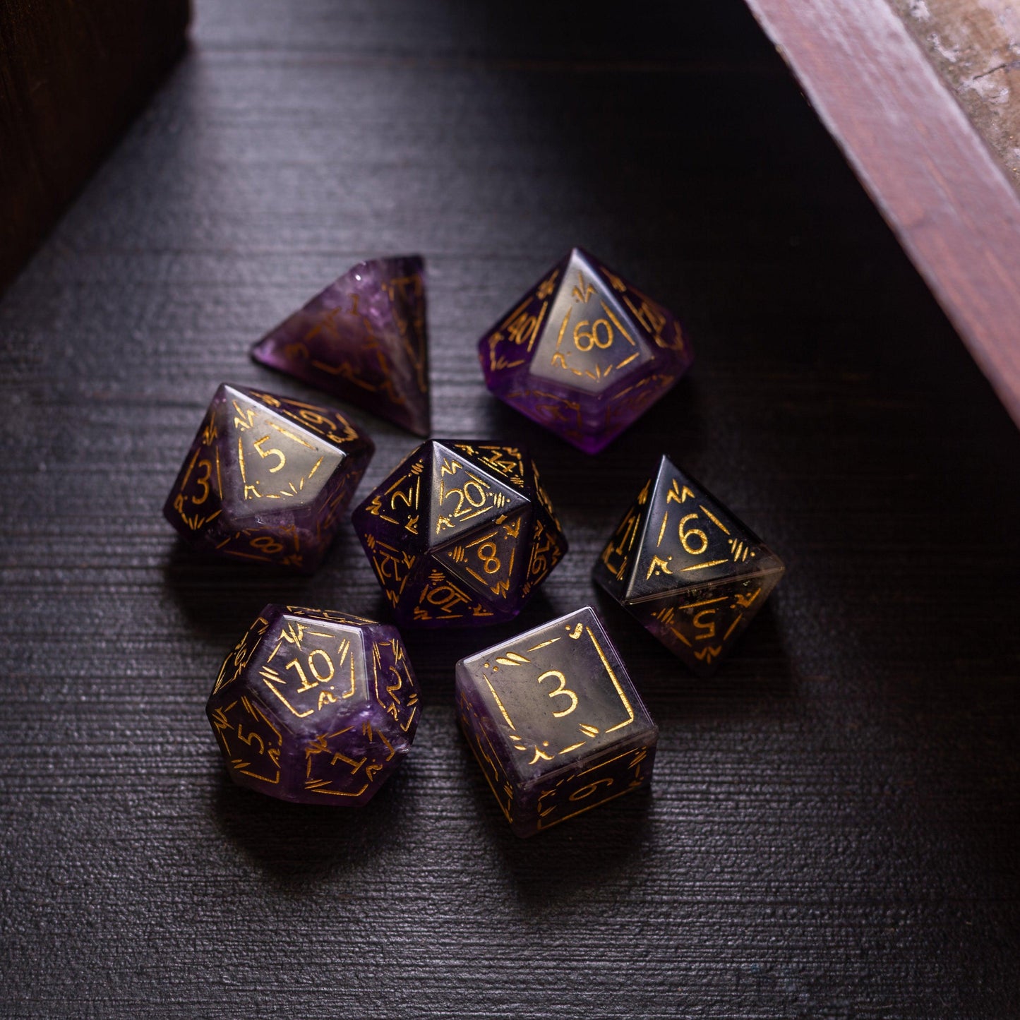 Dragon Shield Purple Amethyst Gemstone DND Dice Set Runic Dice