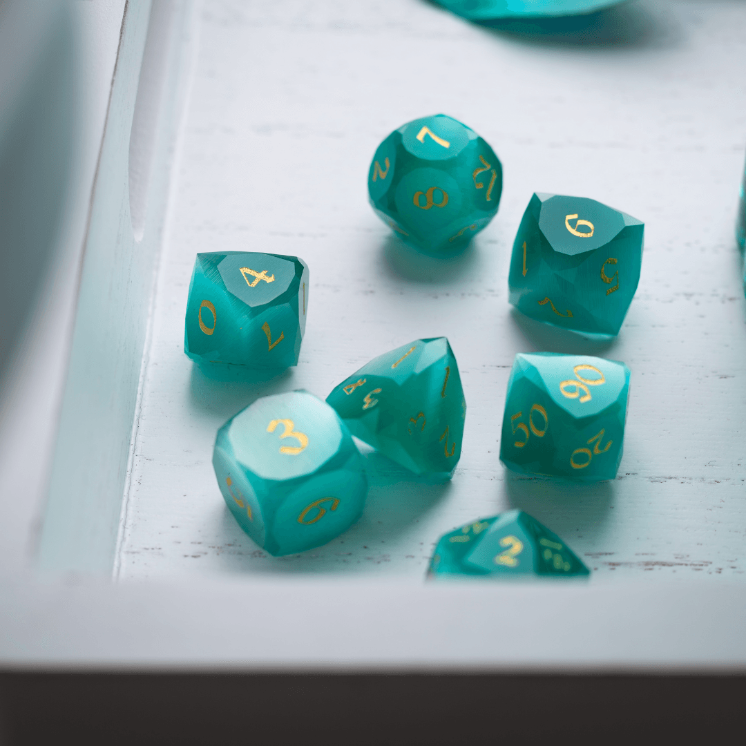Dwarf Cut Aquamarine Cat’s Eye Gemstone Premium DND Dice Set Runic Dice