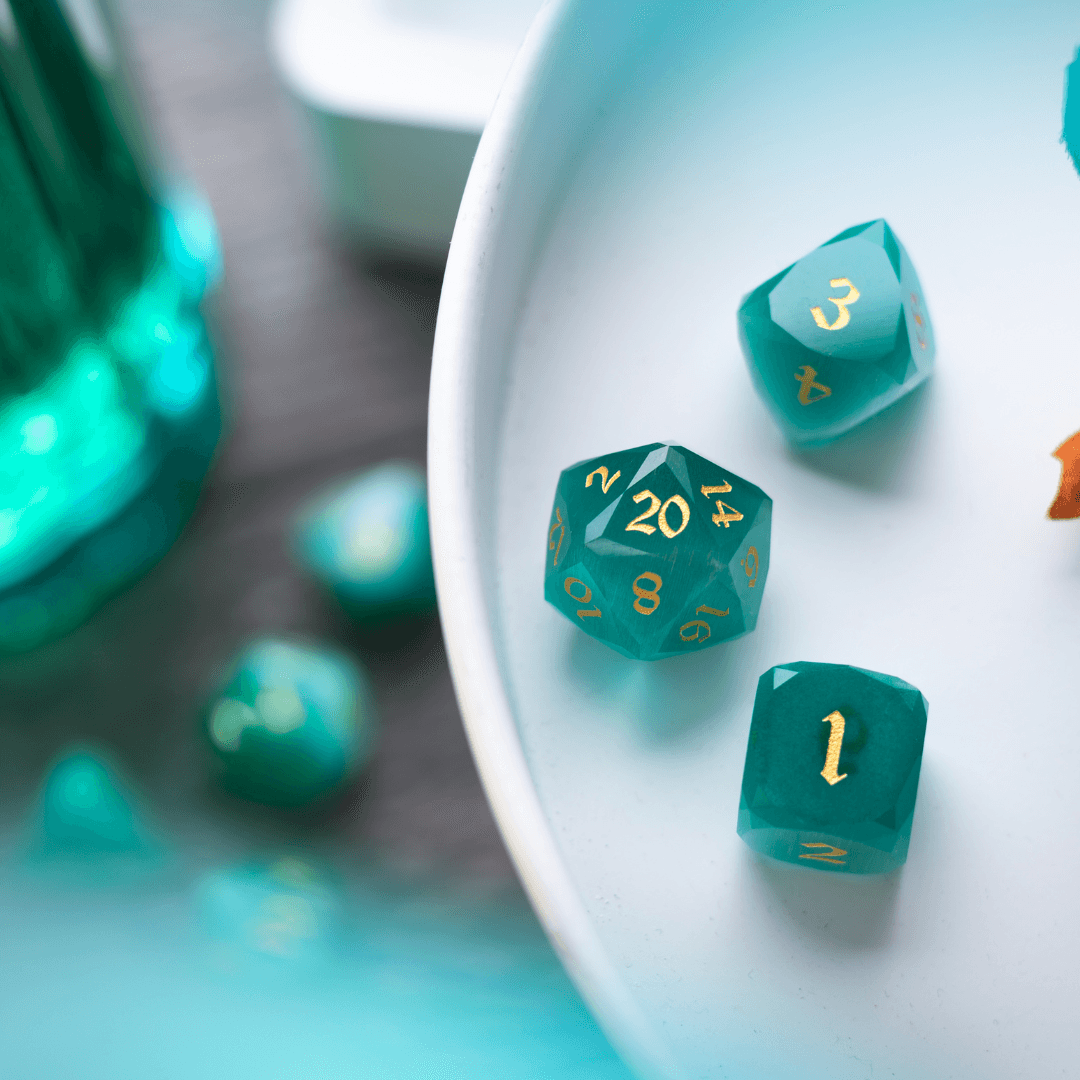 Dwarf Cut Aquamarine Cat’s Eye Gemstone Premium DND Dice Set Runic Dice
