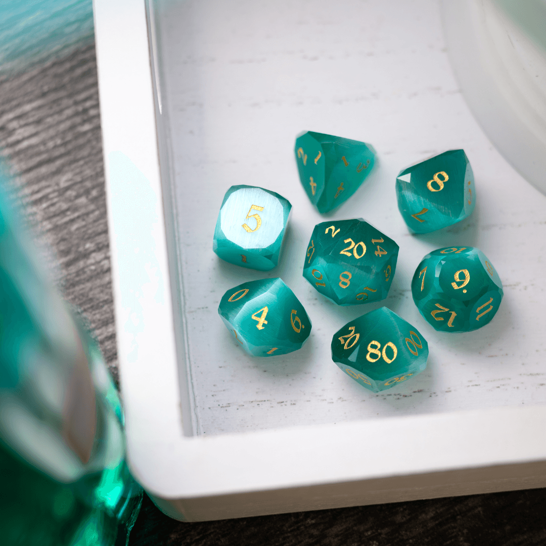 Dwarf Cut Aquamarine Cat’s Eye Gemstone Premium DND Dice Set Runic Dice