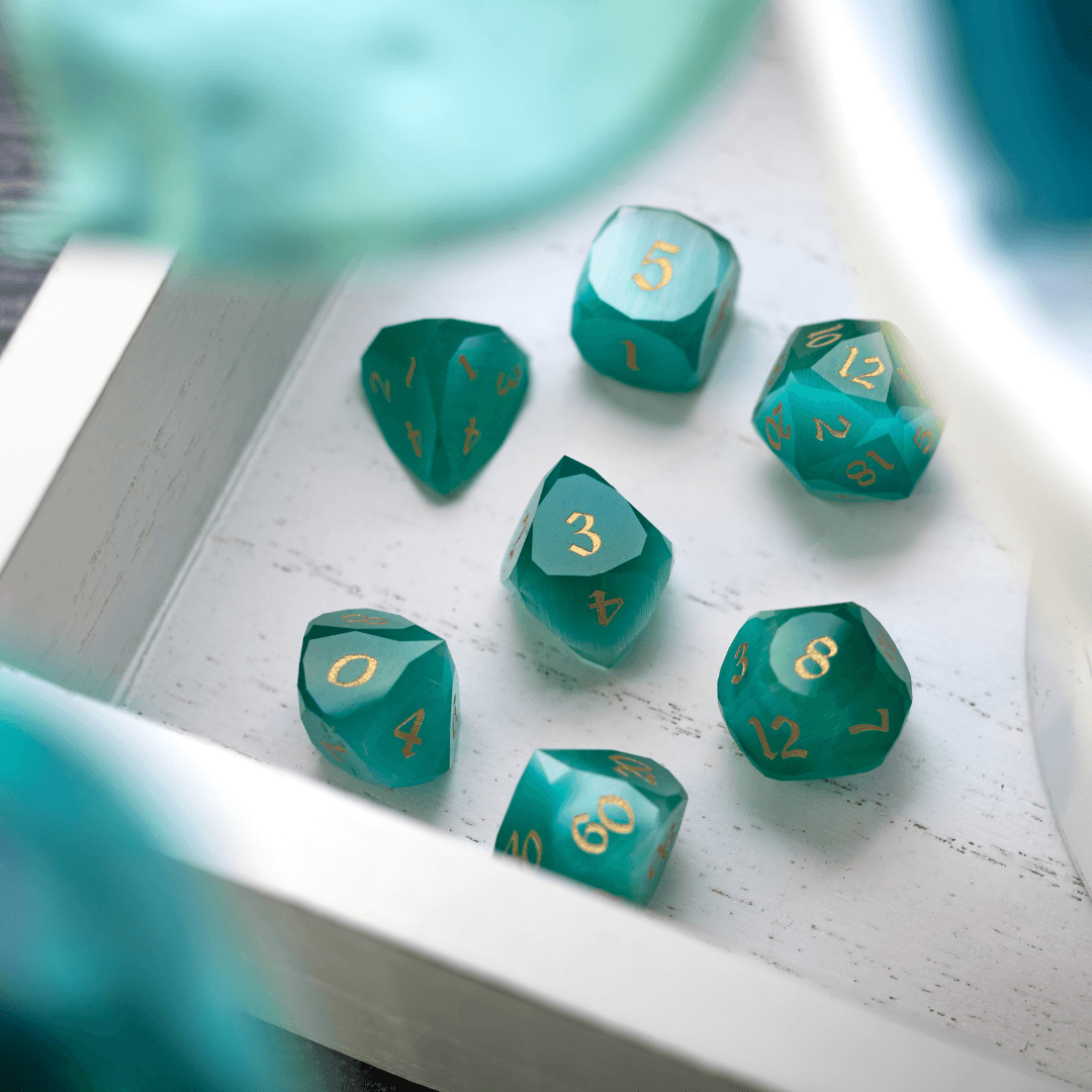 Dwarf Cut Aquamarine Cat’s Eye Gemstone Premium DND Dice Set Runic Dice