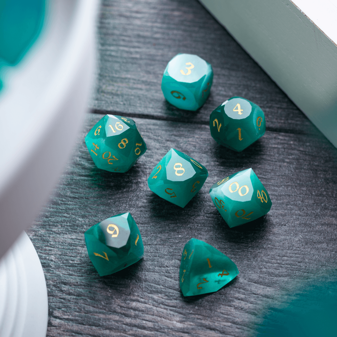 Dwarf Cut Aquamarine Cat’s Eye Gemstone Premium DND Dice Set Runic Dice