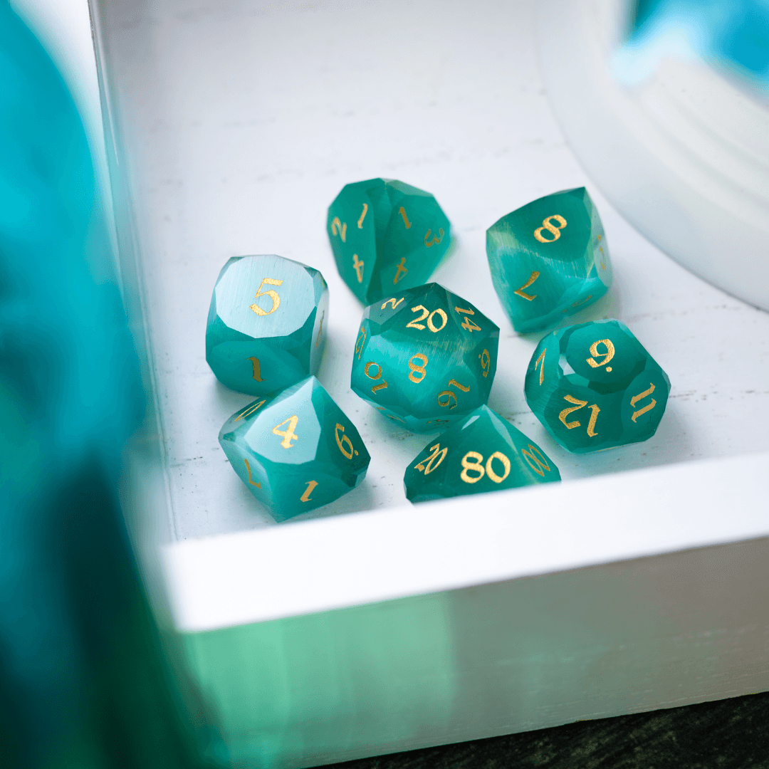 Dwarf Cut Aquamarine Cat’s Eye Gemstone Premium DND Dice Set Runic Dice