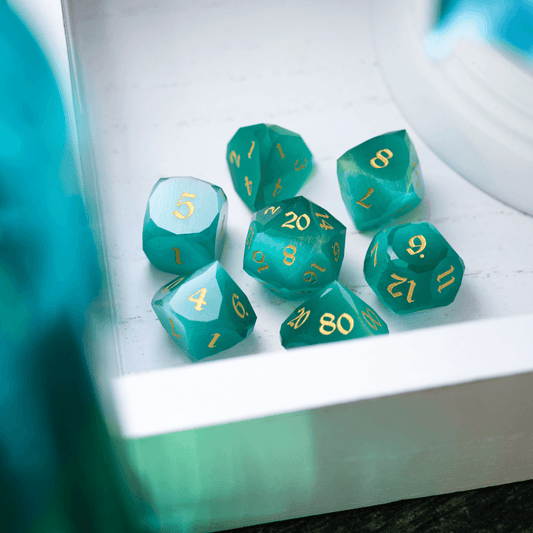 Dwarf Cut Aquamarine Cat’s Eye Gemstone Premium DND Dice Set Runic Dice