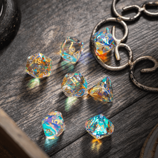 Dwarf Cut Dichroic Glass Premium DND Dice Set Runic Dice