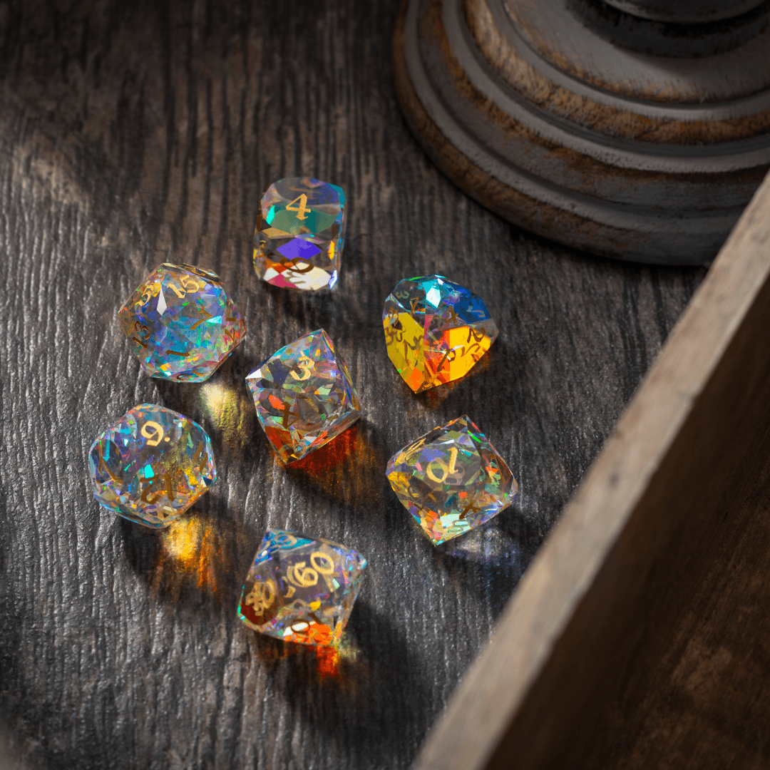 Dwarf Cut Dichroic Glass Premium DND Dice Set Runic Dice
