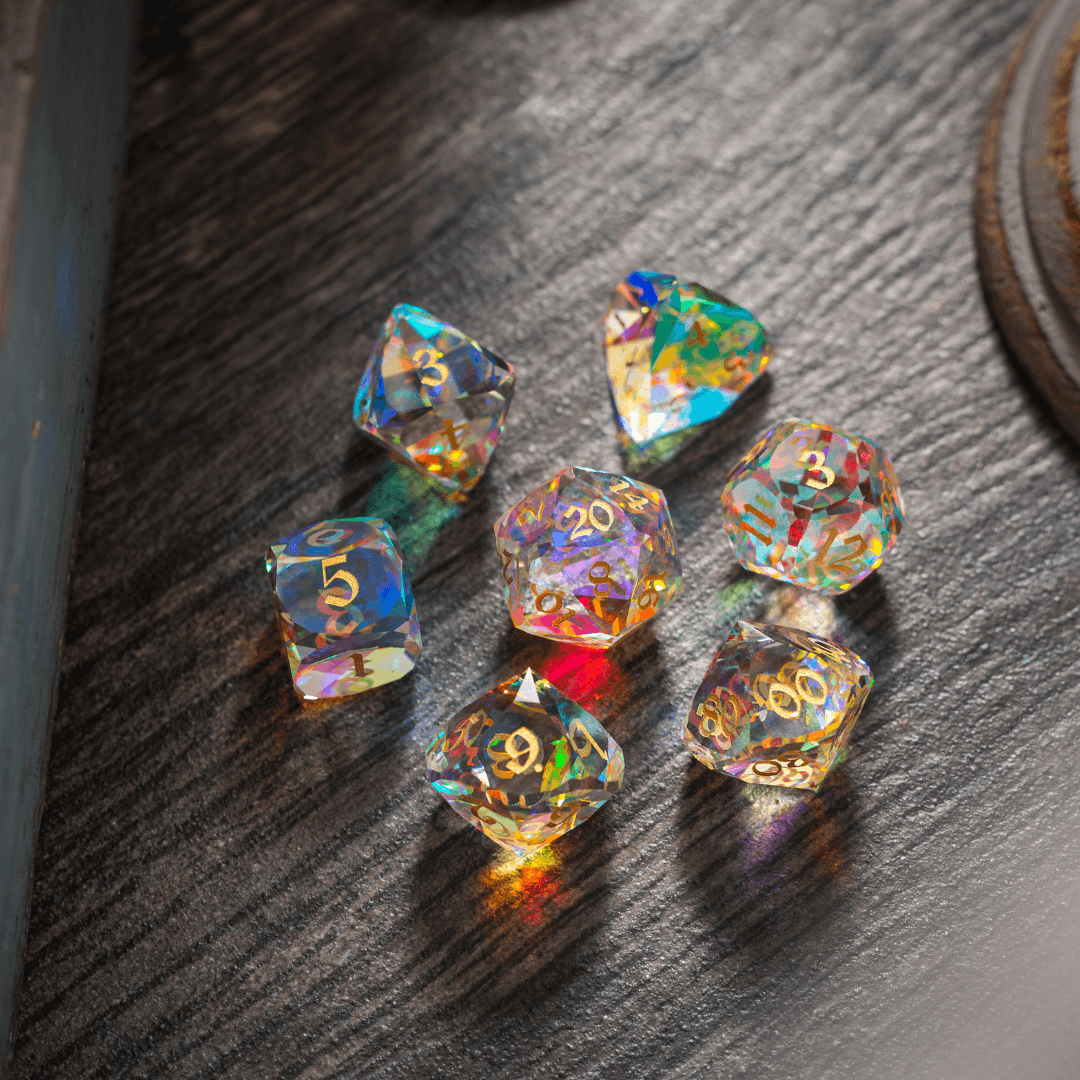 Dwarf Cut Dichroic Glass Premium DND Dice Set Runic Dice