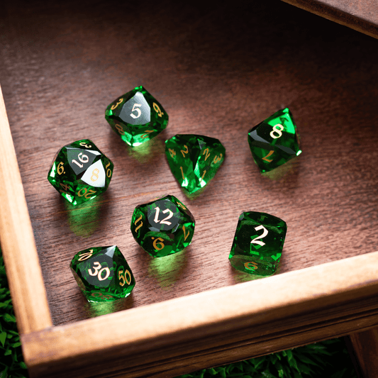 Dwarf Cut Green Gemstone Glass Premium DND Dice Set Runic Dice