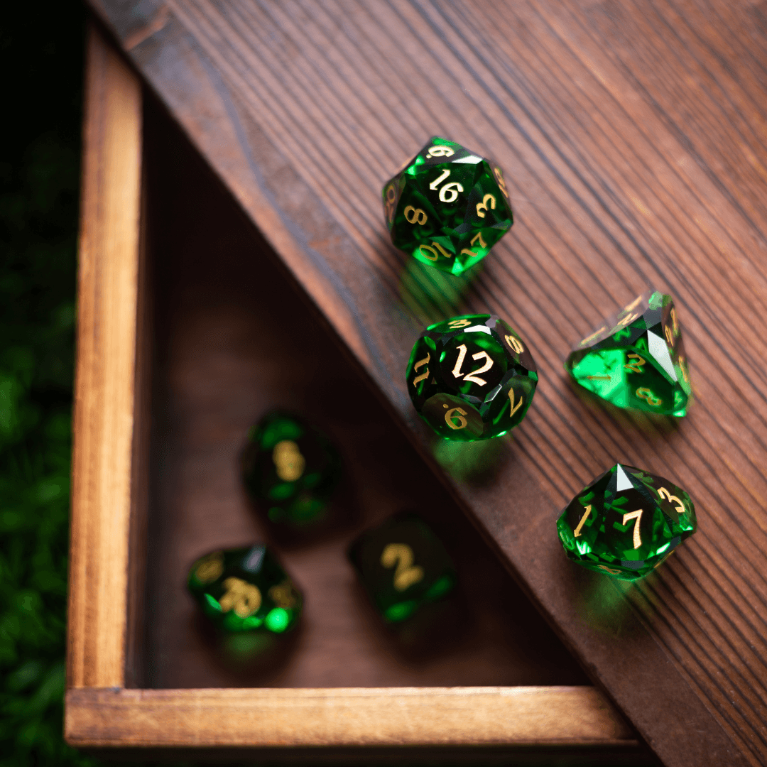 Dwarf Cut Green Gemstone Glass Premium DND Dice Set Runic Dice