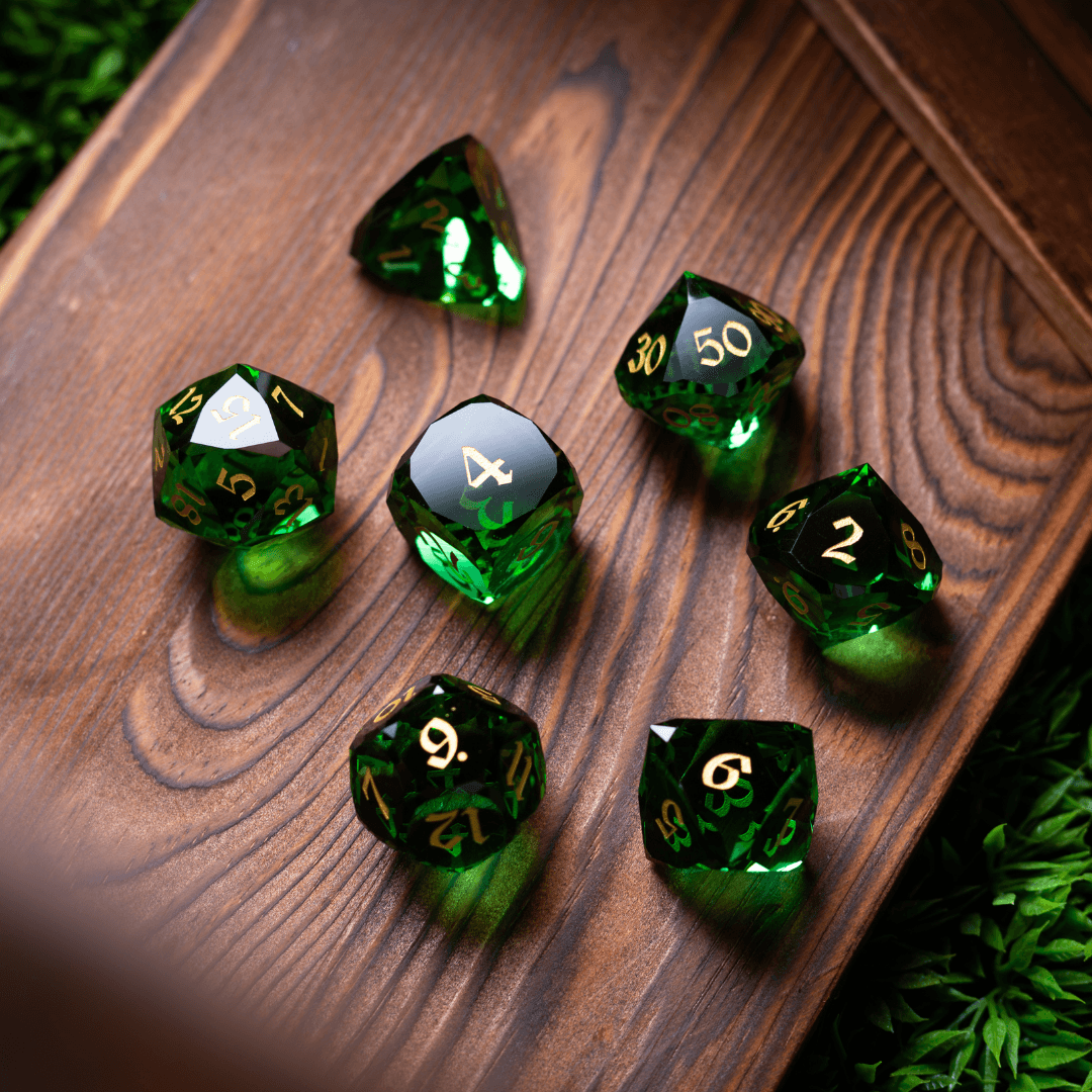 Dwarf Cut Green Gemstone Glass Premium DND Dice Set Runic Dice