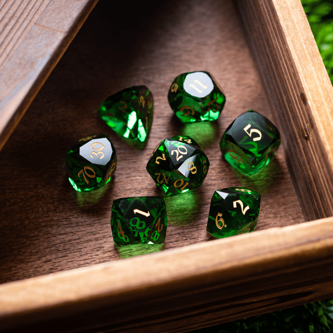Dwarf Cut Green Gemstone Glass Premium DND Dice Set Runic Dice