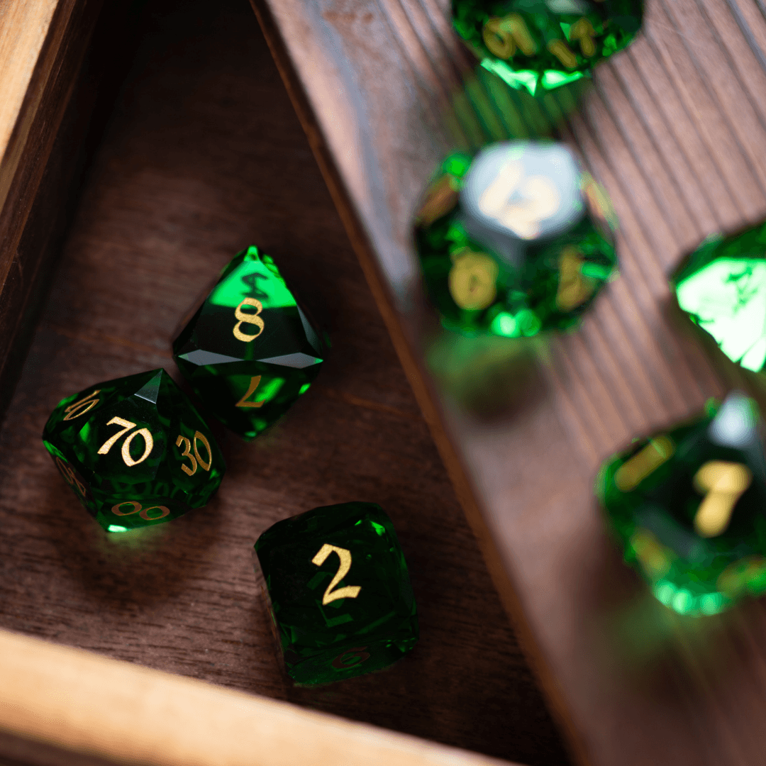 Dwarf Cut Green Gemstone Glass Premium DND Dice Set Runic Dice
