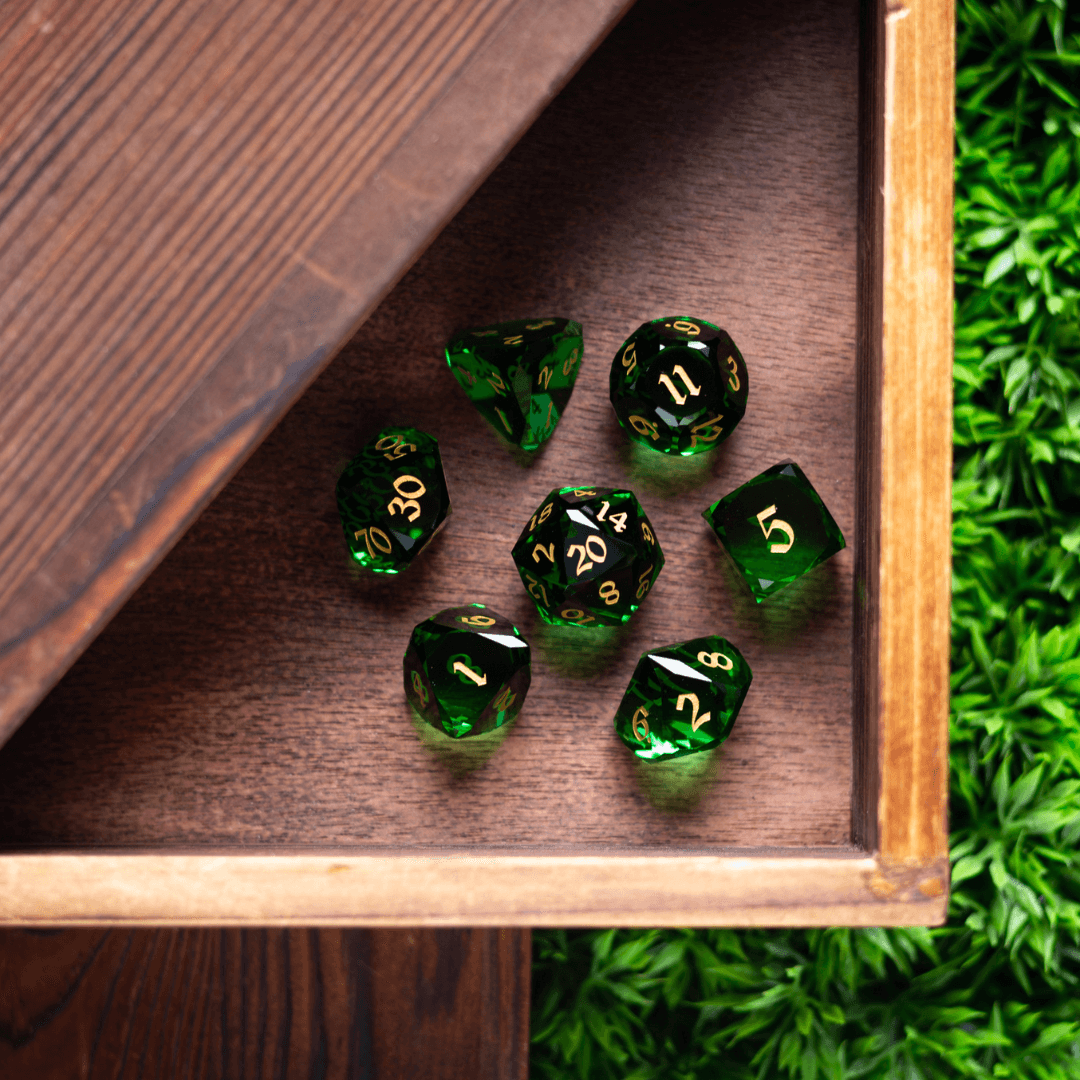 Dwarf Cut Green Gemstone Glass Premium DND Dice Set Runic Dice