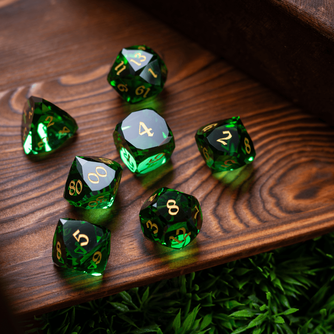 Dwarf Cut Green Gemstone Glass Premium DND Dice Set Runic Dice