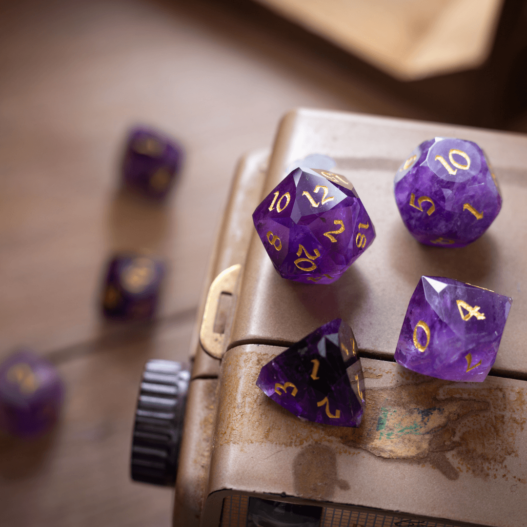Dwarf Cut Purple Amethyst Gemstone Premium DND Dice Set Runic Dice